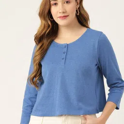 DressBerry Women Blue Melange Effect Cropped Henley Neck Boxy T-shirt-image-51