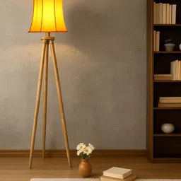 Devansh Yellow & Brown Wooden & Cotton Frustum Shaped Floor Lamp image 3