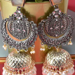 MEIRA JEWELLERY Silver Plated Artificial Stones Studded And Beaded Dome Oxidised Jhumkas-image-64