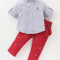 ToffyHouse Full Sleeves Party Wear Striped Shirt & Embroidered Trousers With Suspender - Blue & Red-picture-27