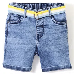 Babyhug Cotton Washed Denim Stretchable Above Knee Length Bermuda With Belt Solid  Fly With Zipper -  Blue-picture-16