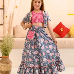 Pspeaches Sleeveless Striped Choli With Motif Printed Lehenga & Sling Bag - Blue-image-67
