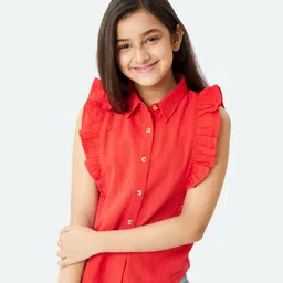 Olele Sleeveless Linen Blend Ruffled Solid Colour Shirt - Red-picture-16