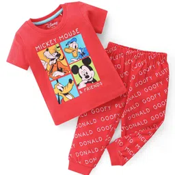 Babyhug Disney Cotton Knit Half Sleeves Night Suit with Mickey Mouse Family Print - Red-picture-16