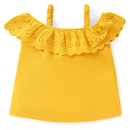 Babyhug Cotton Knit Half Sleeves Schiffli Top With Frill Detailing - Mustard-picture-19