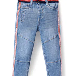 Babyhug Cotton Full Length Stretchable Denim Washed Jeans with Cut & Sew Design & Side Tape Detailing - Blue-picture-37