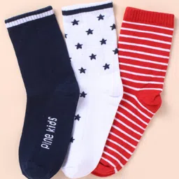 Pine Kids Cotton Knit Socks with Strips Star & Text Print Pack of 3 - Navy Blue White & Red-image-72