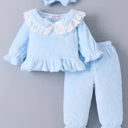 Kookie Kids Full Sleeves Winter Wear Night Suit With Lace Detailing & Headband - Light Blue-picture-14