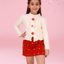 Cutecumber Full Sleeves Solid Crochet Button Detailed Top With Floral Embroidered Skirt Set - Cream-picture-20