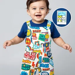 Babyhug Single Jersey Knit Half Sleeves T-Shirt & Dungaree With Text & Smiley Print - White & Blue image 1