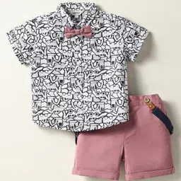 ToffyHouse Poplin Woven Half Sleeves Vehicle Printed Shirt & Shorts Set with Bow & Suspender - Rose Gold & White-picture-24