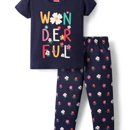 Babyhug Cotton Knit Half Sleeves Night Suit with Floral & Wonderfull Text Print - Navy Blue-picture-10