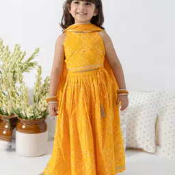 Tiber Taber Cotton Woven Sleeveless Bandhani Printed & Gota Lace Embellished Lehenga Choli With Dupatta Set - Yellow-picture-10