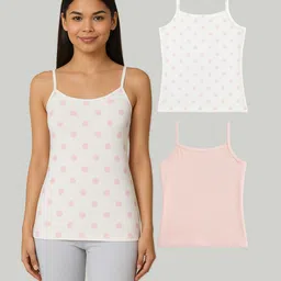 Charm n Cherish Cotton Blend Knit Pack Of 2 Solid & Polka Dots Printed Camisoles - White & Pink-image-63