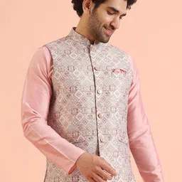 KISAH Geometric Mandarin Collar Nehru Jacket With Pocket Square image 5