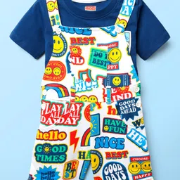 Babyhug Single Jersey Knit Half Sleeves T-Shirt & Dungaree With Text & Smiley Print - White & Blue image 2
