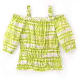 Babyhug Rayon Woven Off Shoulder Sleeves Gathered Top with Leaf Print - Green image 3