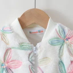 Kookie Kids Full Sleeves Front Open Fur Bomber Jacket with Floral & Sequin Embroidery - Cream image 3