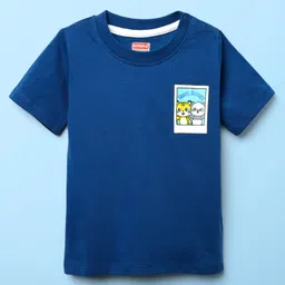 Babyhug Single Jersey Knit Half Sleeves T-Shirt & Dungaree With Text & Smiley Print - White & Blue image 3