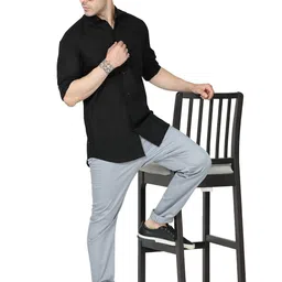 MIRAAN Men Modern Spread Collar Solid Cotton Linen Casual Shirt-image-75