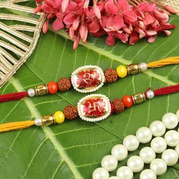 Asthetika Set of 2 Artificial Stones Studded Swastik Rudraksha Traditional Thread Rakhis-picture-20