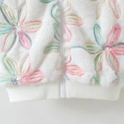 Kookie Kids Full Sleeves Front Open Fur Bomber Jacket with Floral & Sequin Embroidery - Cream image 4