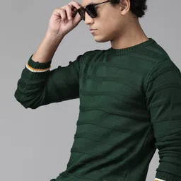 The Roadster Lifestyle Co. Men Green Acrylic Self-Striped Pullover-image-41