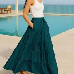 Moomaya Teal Green Regular Fit Skirt with Pockets image 2