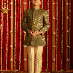 VASTRAMAY Boys Green & Cream Self Full Sleeves Indowestern Sets image 5