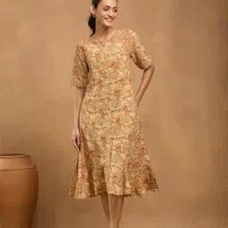 Fabindia Beige Cotton Printed Relaxed Fit A-Line Dress-image-3