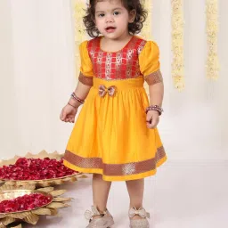 VASTRAMAY Girls Red & Yellow Solid Dresses image 5