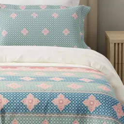 Layers Forever Blue & White Cotton Ethnic 120 TC Flat King Bedsheet with 2 Pillow Covers image 5