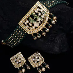 Panash Gold Plated & Green Beaded Wedding Choker Jewellery Set-image-47