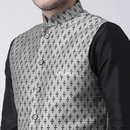 DEYANN Men Grey & Black Printed Dupion Silk Nehru Jacket with Pocket Square image 5