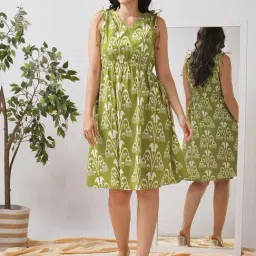 Kami Kubi Olive Cotton Abstract A-Line Dress-image-53