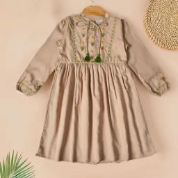 Bella Moda Girls Brown Cotton Three Fourth Sleeves Floral Embroidered Knee Length Dress-picture-24