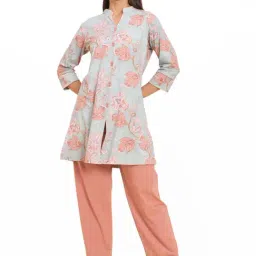 Sweet Dreams Green & Peach Cotton Floral Print Kurti Pyjama Set-picture-37