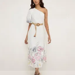 Bombay Paisley by Westside White Floral Print One-Shoulder Cotton Dress-picture-11