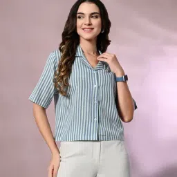 PRETTY LOVING THING Blue Viscose Rayon Striped Short Sleeve Shirt-image-56