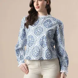 Globus Women Blue All Over Floral Print Bishop Sleeves High Neck Lace Detail Party Top-image-86