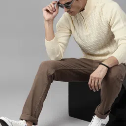 Roadster Men Cream-Coloured Cable Knit Pullover image 5