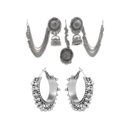 JMBW INTERNATIONAL Pack Of 4 Silver Plated Artificial Beads Contemporary Hoop Earrings-picture-11