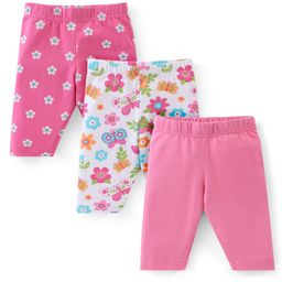 Babyhug Cotton Knit Three Fourth Leggings Floral Print Pack of 3 - Pink & White-picture-2