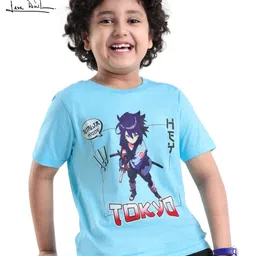 arias by lara dutta Arias  Cotton Knit Half Sleeves  T-Shirt With Anime Character Placement Print - Blue-picture-23