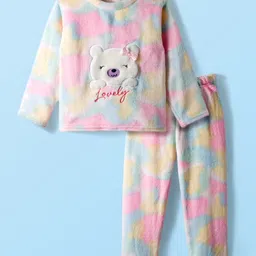 Babyhug Velour Knit Full Sleeves Winter Night Suit With Teddy Applique - Multicolor-picture-11