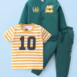 Babyhug Cotton Knit Full Sleeves Jacket With Striped T-Shirt & Lounge Pants - Teal Blue-picture-22
