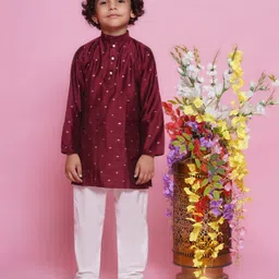 Little Bansi Cotton Silk Full Sleeves Foil Printed Kurta With Pyjama - Maroon-picture-23