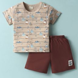 CUCUMBER Sinker Knit Half Sleeves Night Suit With Nautical Theme Print - Tan-picture-2