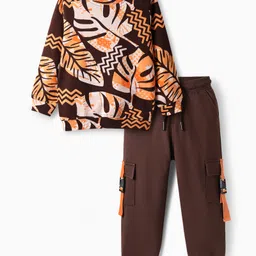 OLLINGTON ST. Cotton Knit Full Sleeves Leaves Printed Sweatshirt & Knit Joggers Set - Multicolor-picture-22