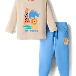 Babyhug Terry Knit Full Sleeves T-Shirt and Joggers Set with Animal Print - Tan & Light Blue-picture-17